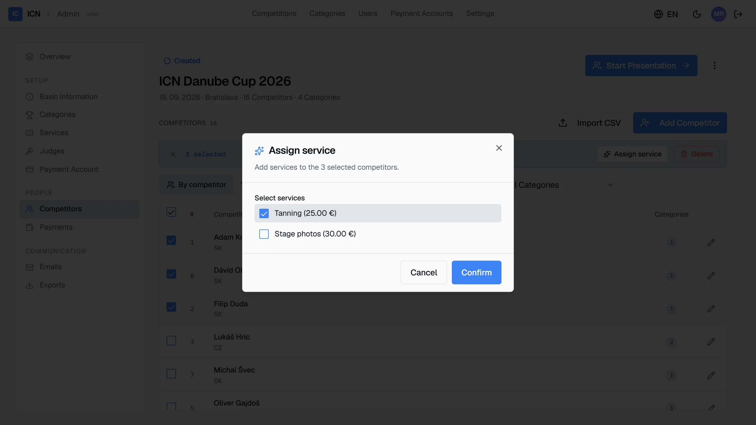 The assign service dialog over three selected competitors