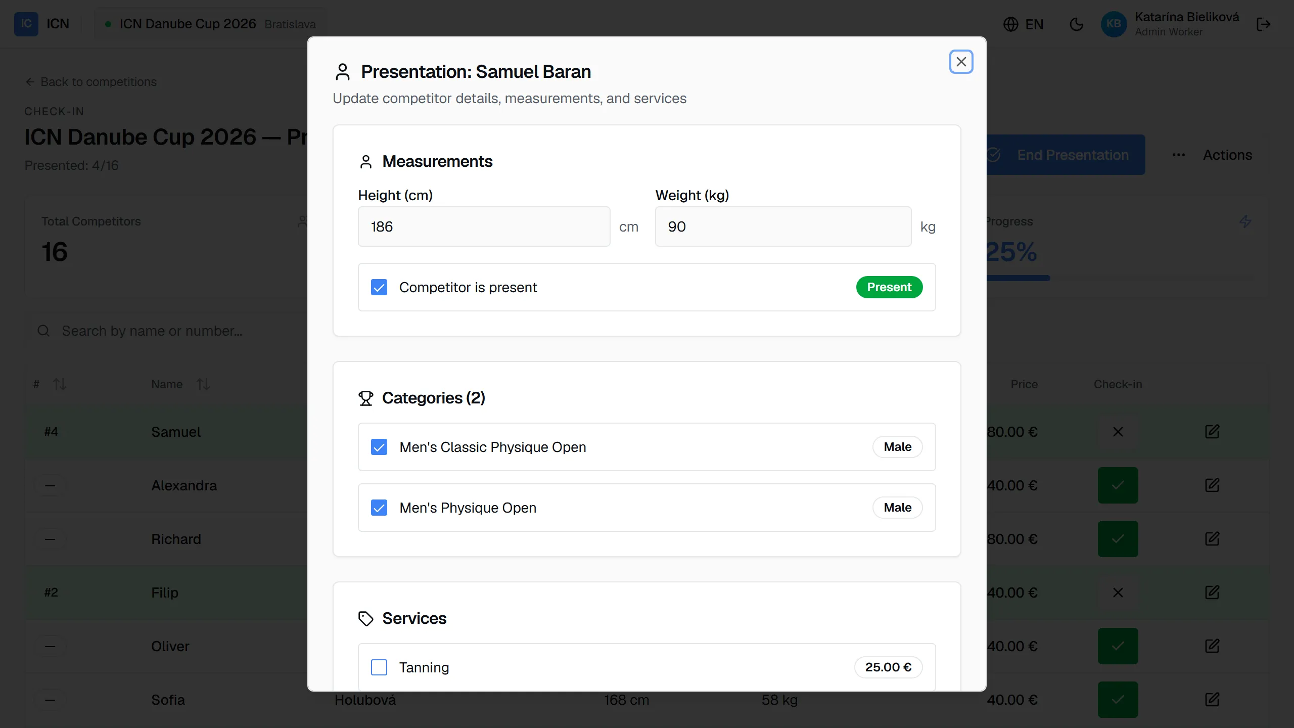 The check-in dialog: measurements, the present switch, categories, and services for one competitor
