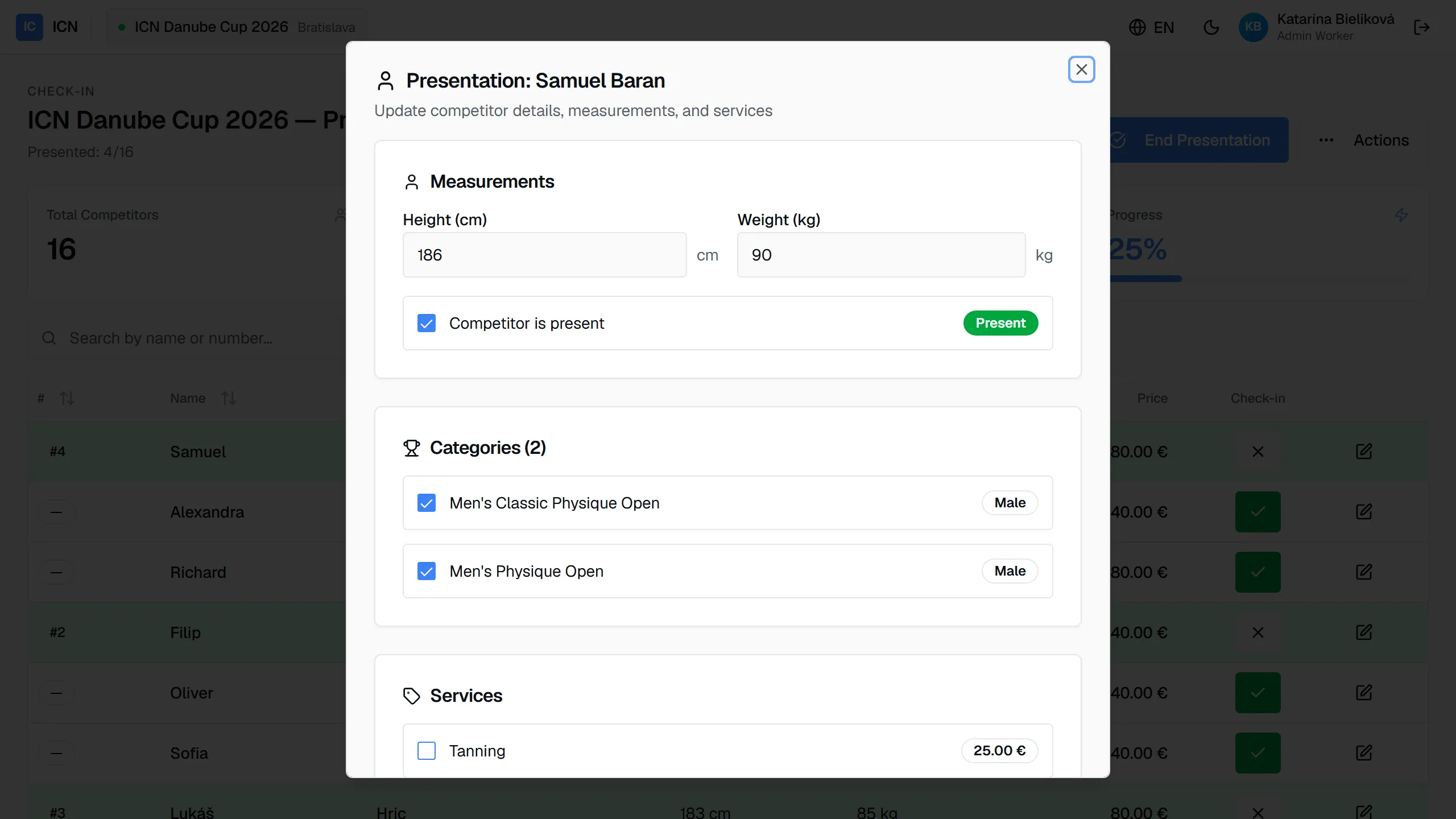 The check-in dialog: measurements, the present switch, categories, and services for one competitor