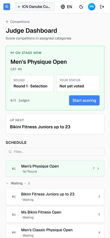 The judge dashboard with the on-stage card and the category schedule