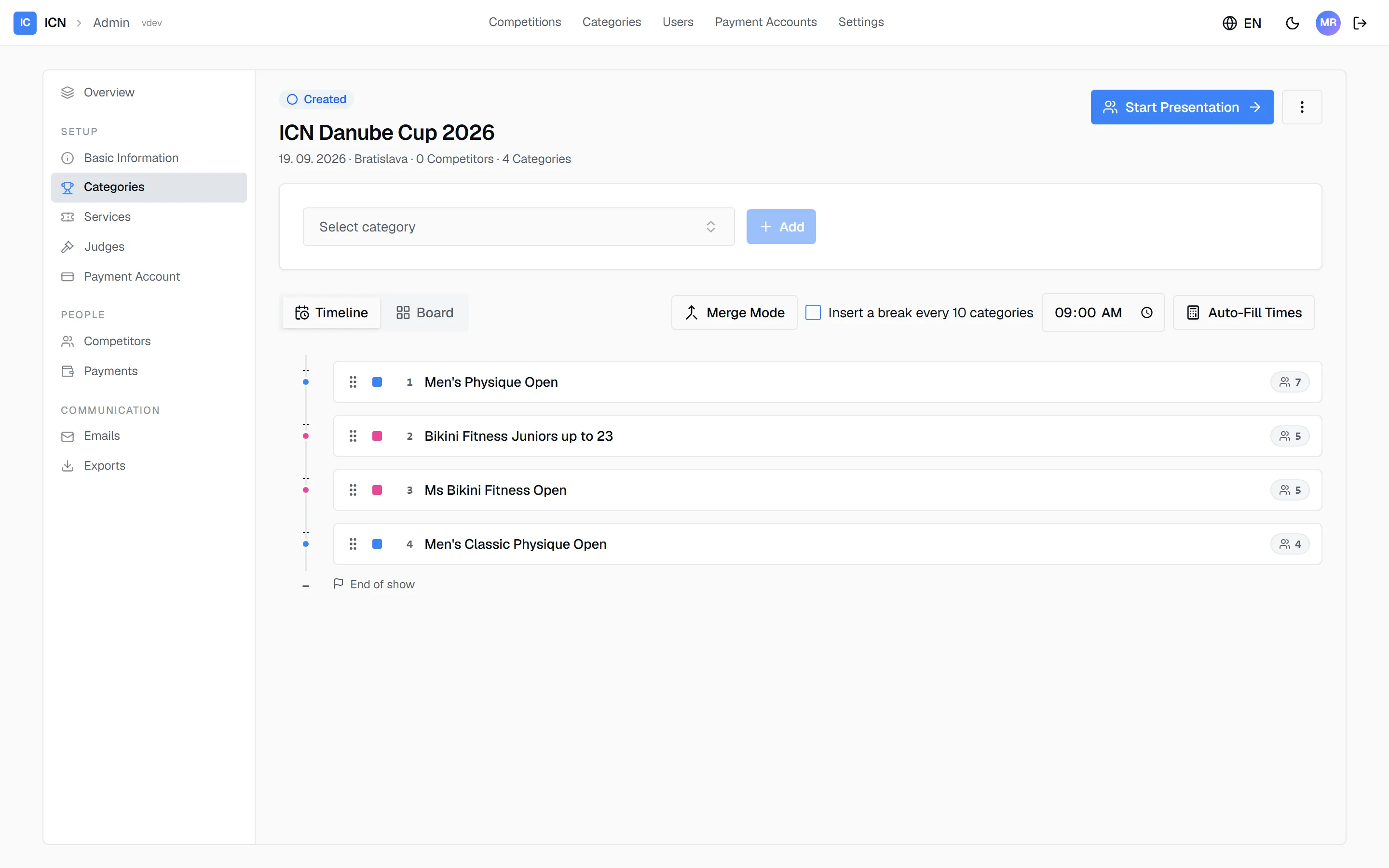 The categories pane with the timeline of categories in running order