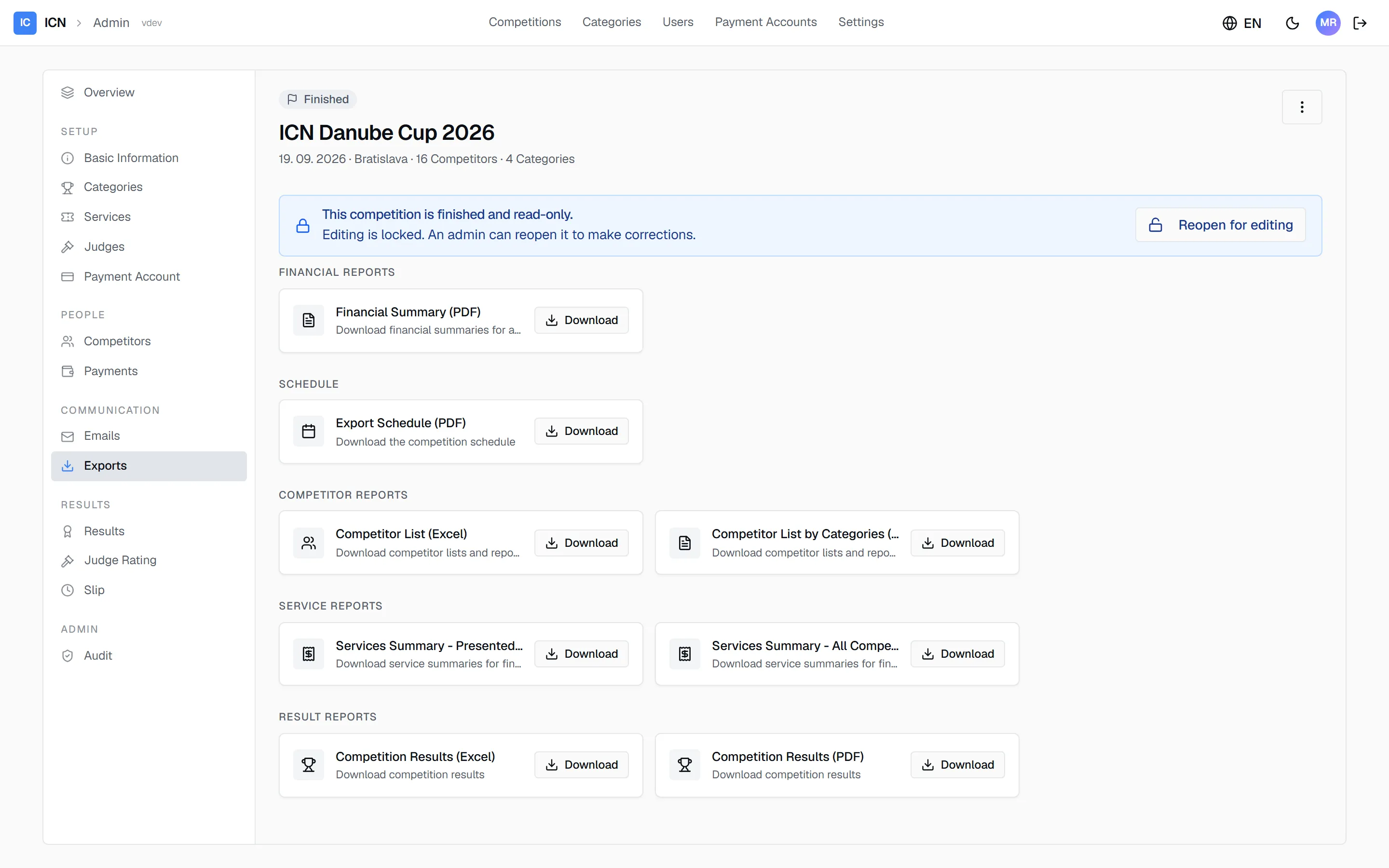 The exports pane with financial, schedule, competitor, service and result reports
