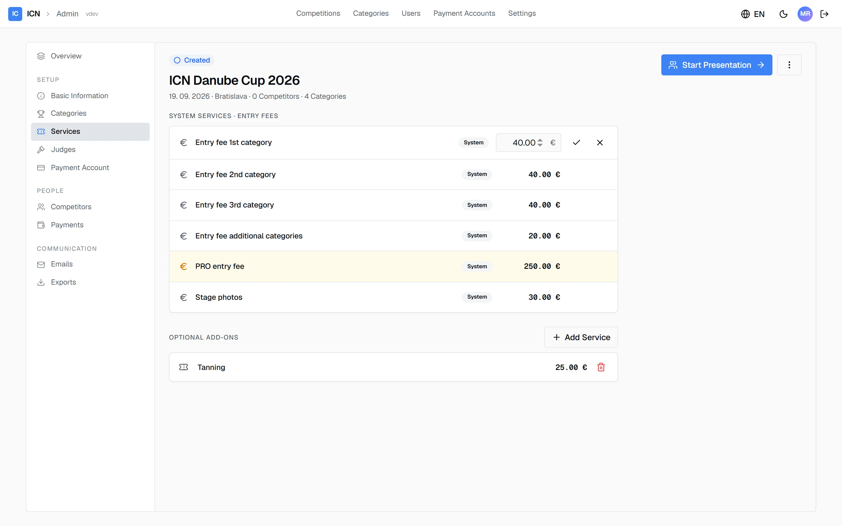 An entry fee mid-edit: the price has become an input with a checkmark to save and a cross to cancel