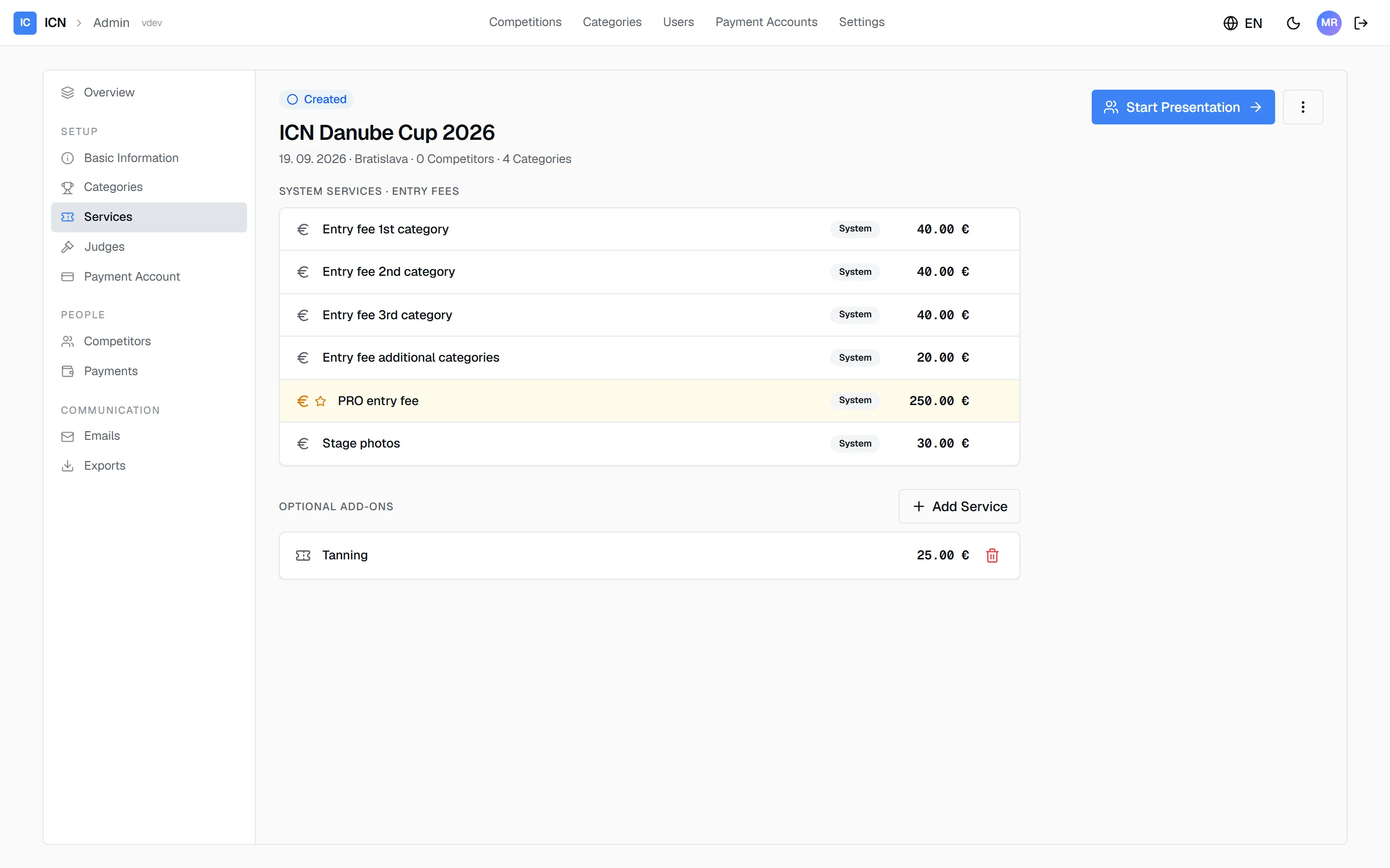 The services pane with the system entry-fee tiers