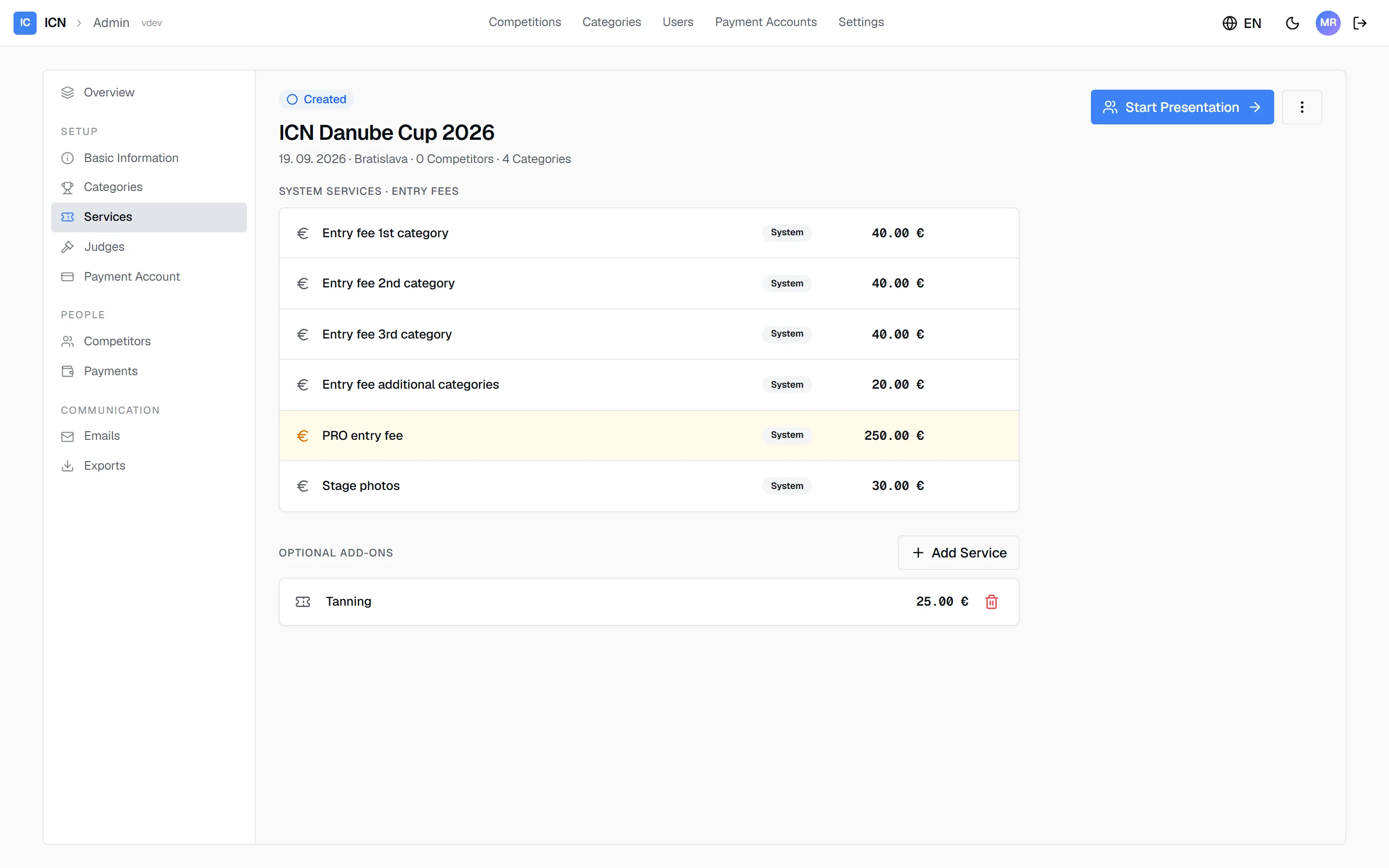 The services pane with the system entry-fee tiers