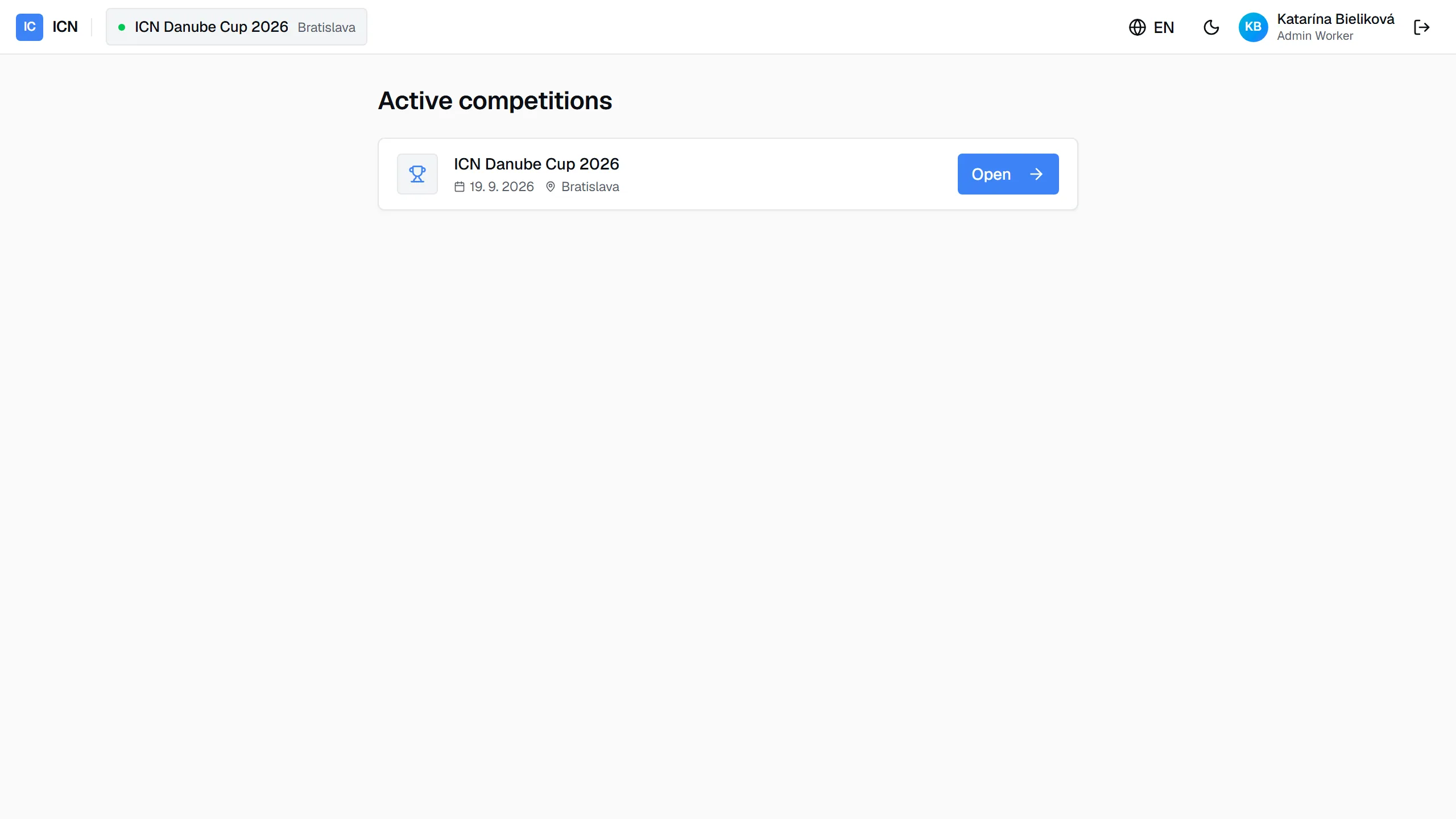 The admin worker dashboard listing the competition open for check-in
