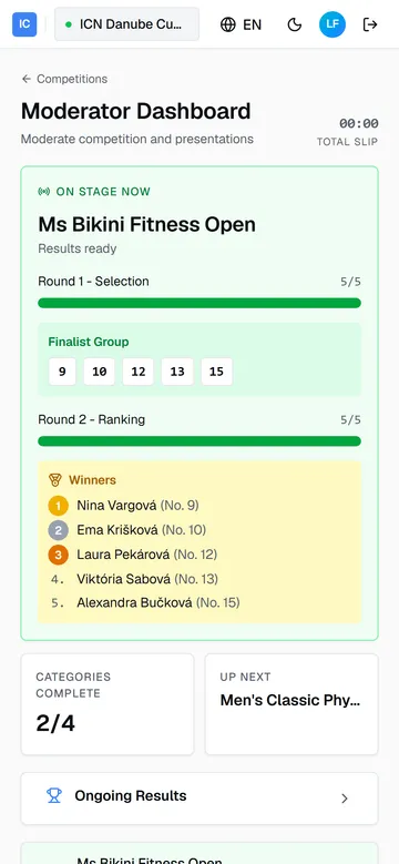 The moderator live screen: results ready for the on-stage category, with the finalist numbers and the winners list