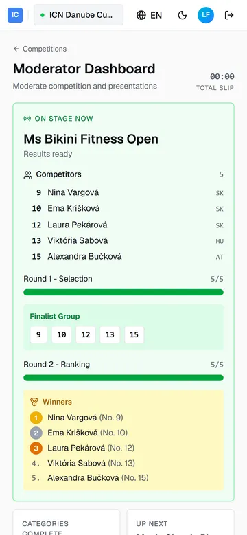 The moderator live screen: the on-stage category with its competitor list, both round progress bars, the finalist numbers, and the winners list