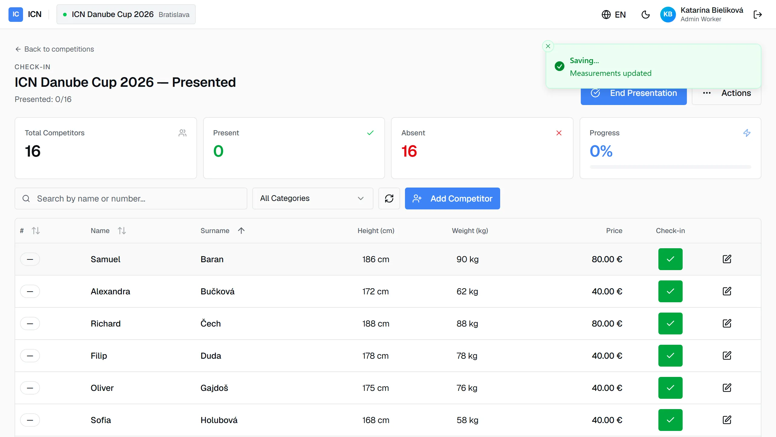 The same row after saving: the weight is stored, and the action column now shows the green check-in button