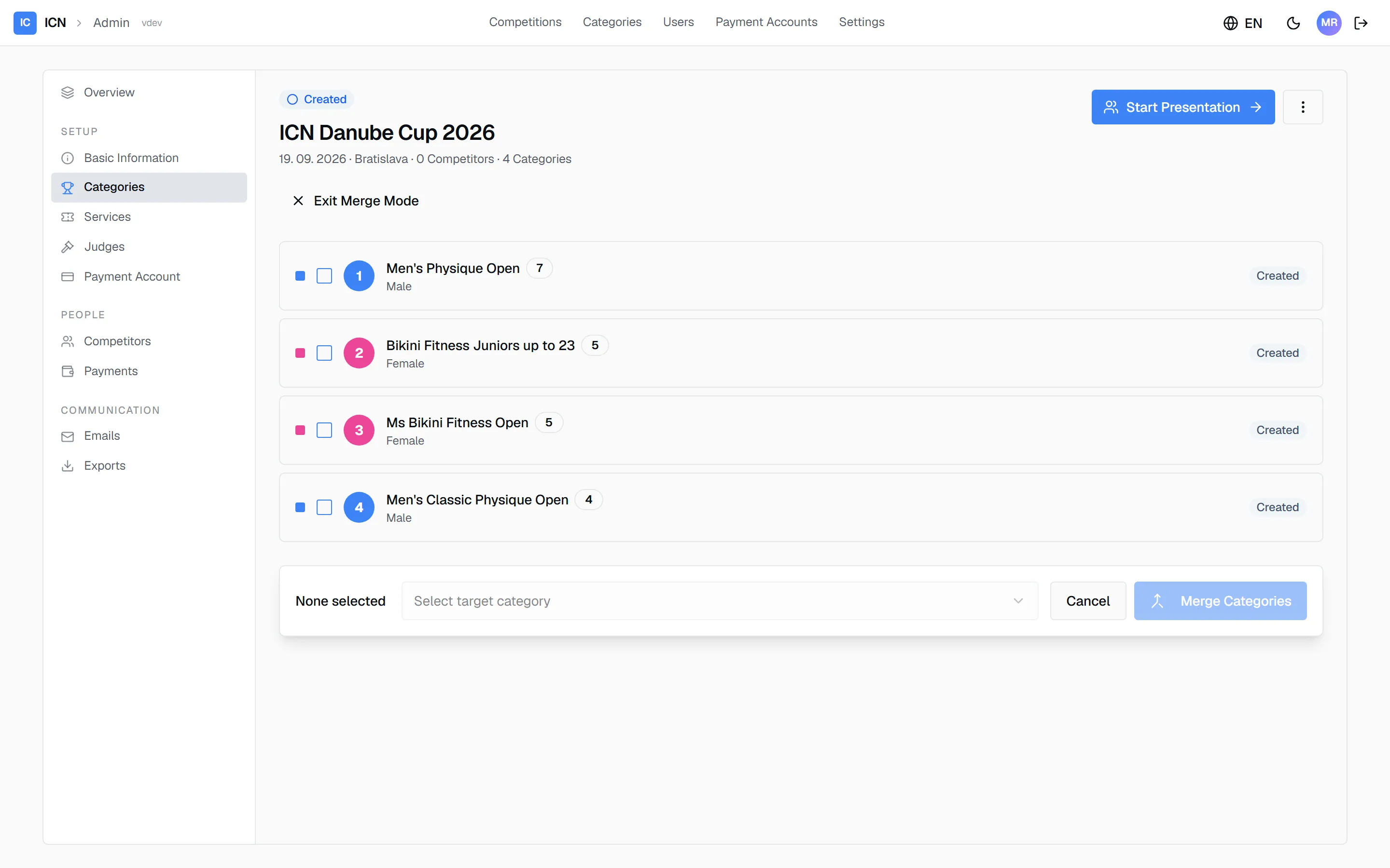 Merge mode: every category listed with a checkbox, ready to select