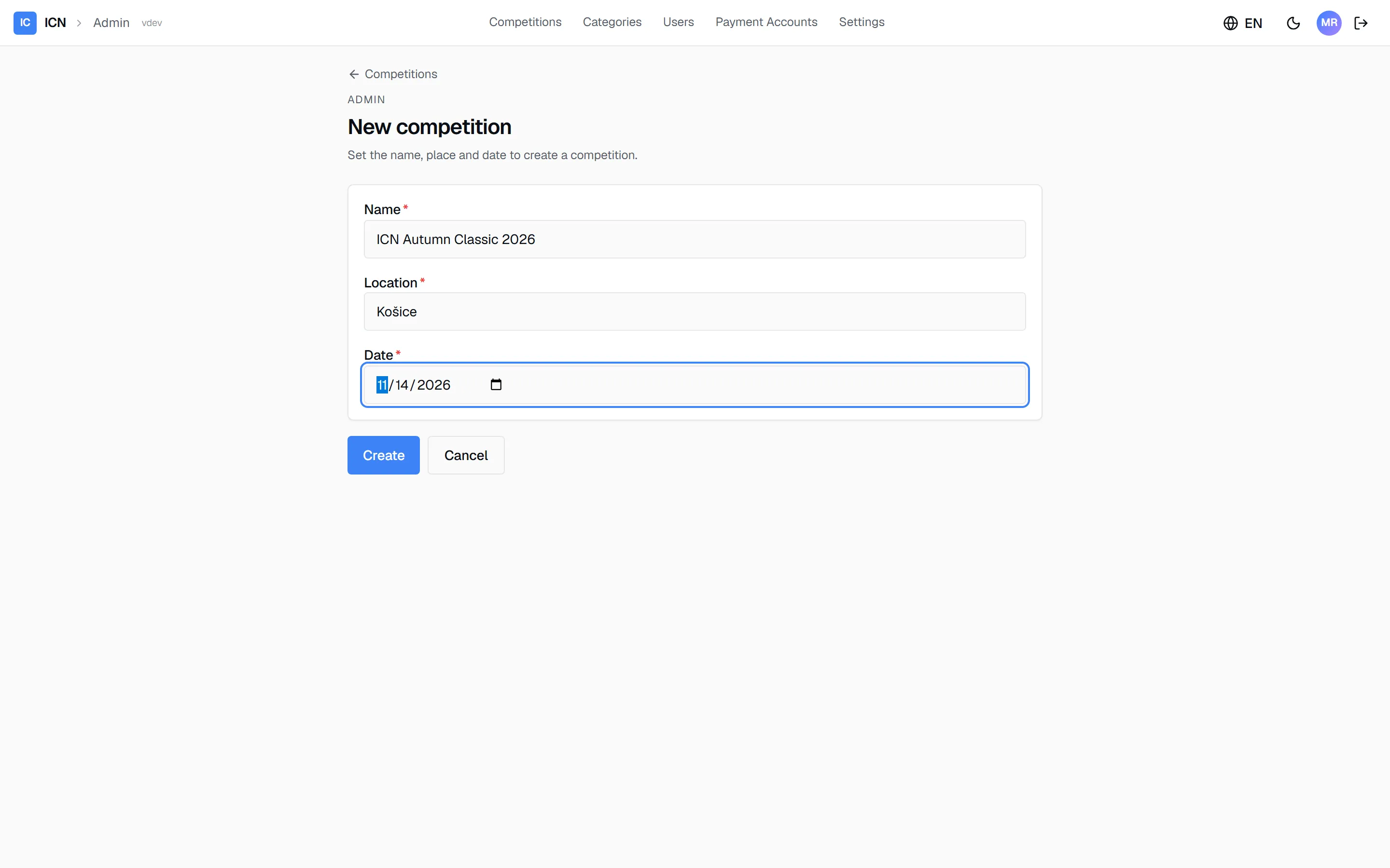 The new-competition form with name, location and date