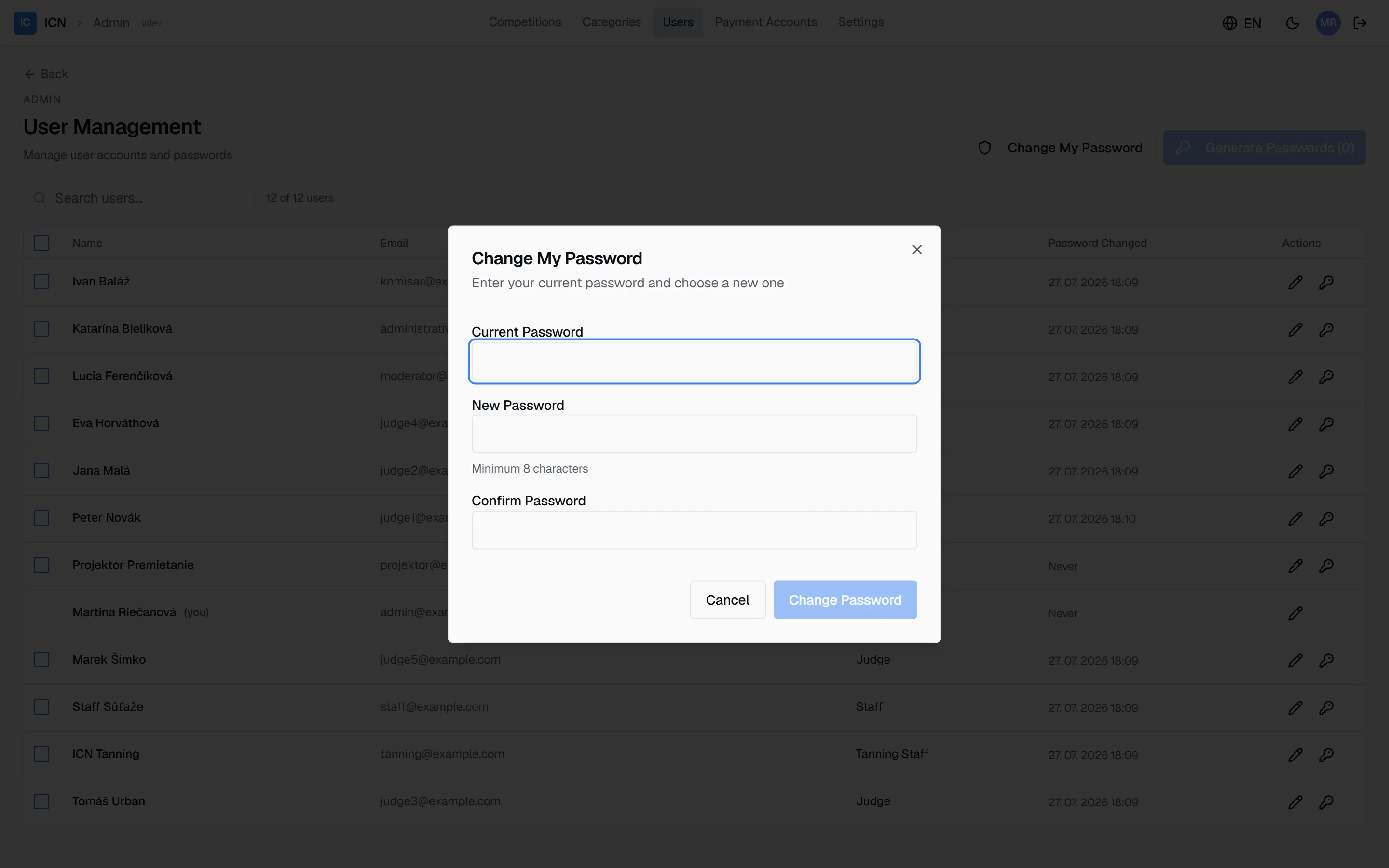 The change my password dialog asking for the current password, a new one, and a confirmation