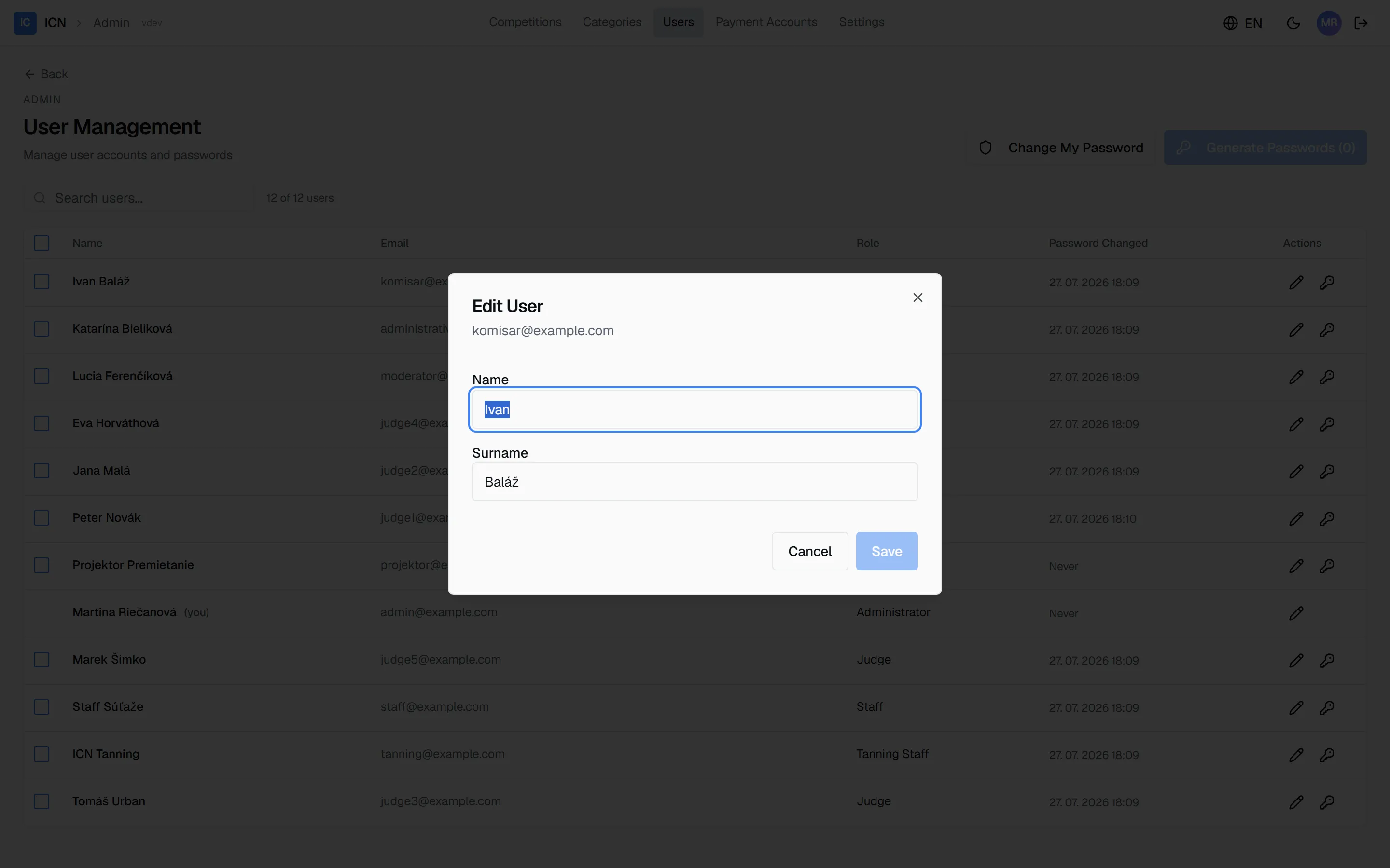 The edit user dialog with first name and surname fields, the e-mail shown but not editable