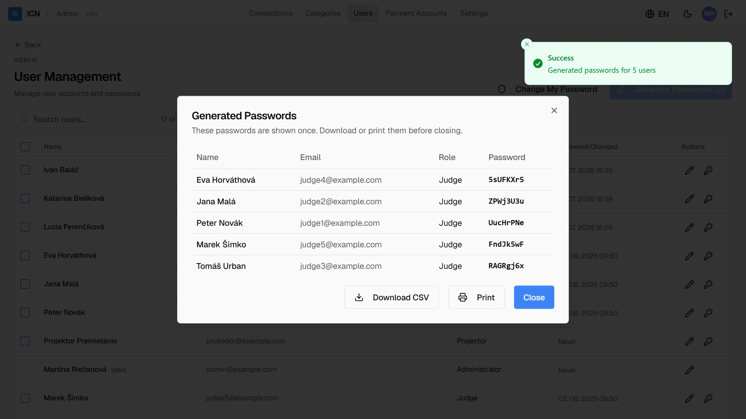 The generated passwords dialog listing each account with its new password, above Download CSV and Print buttons