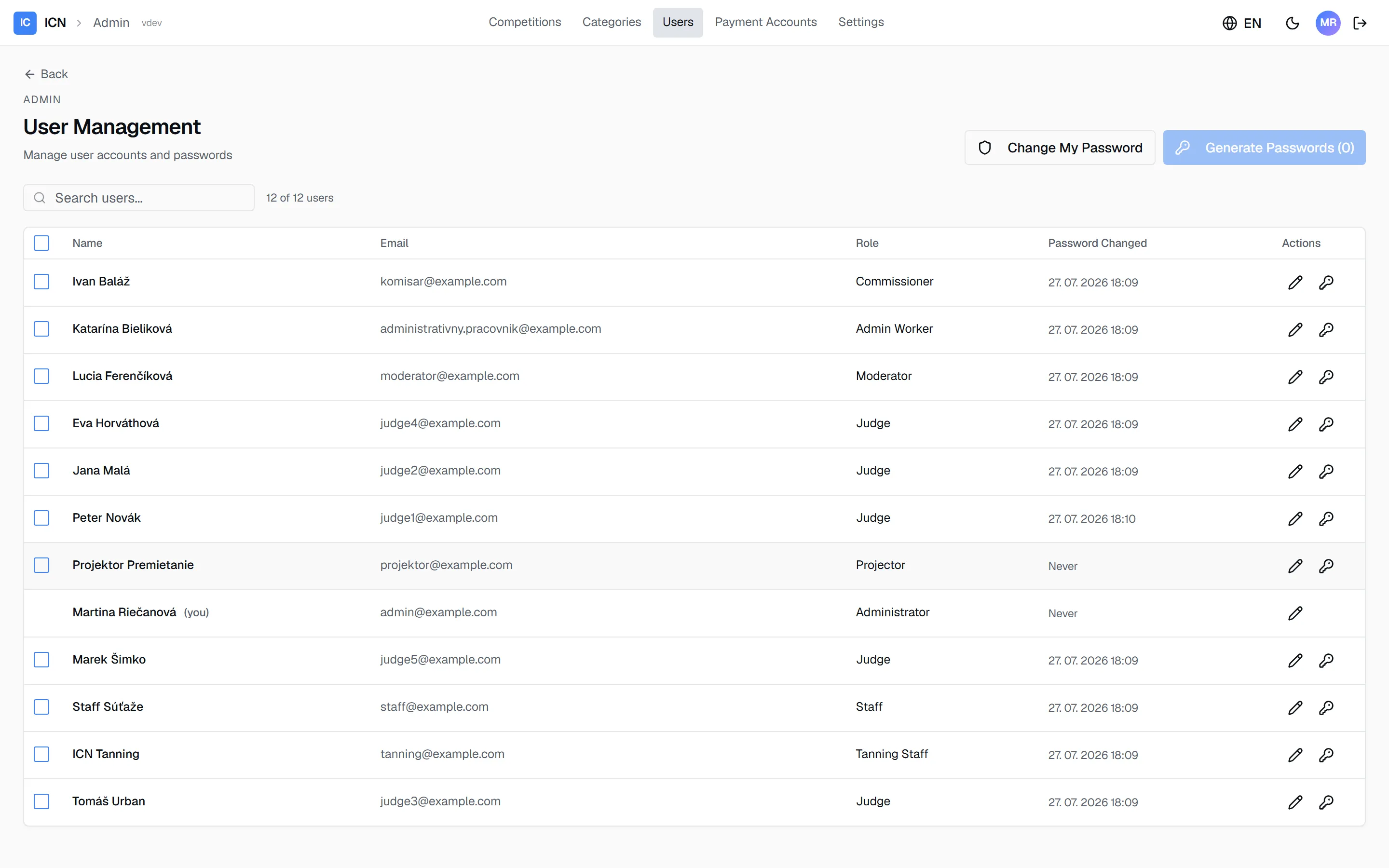 The Users screen listing every role account with its role and the date its password last changed