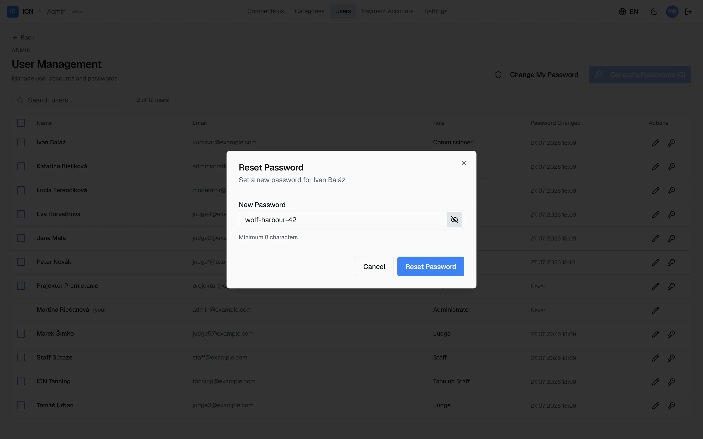 The reset password dialog with a new password typed and revealed by the eye toggle