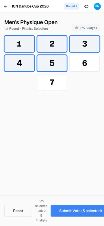 A judge's phone during round 1: five competitors selected, ready to submit.