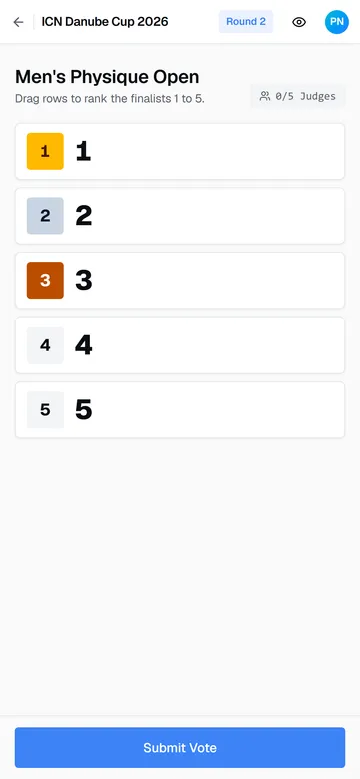 Round 2 with the five finalists as draggable rows