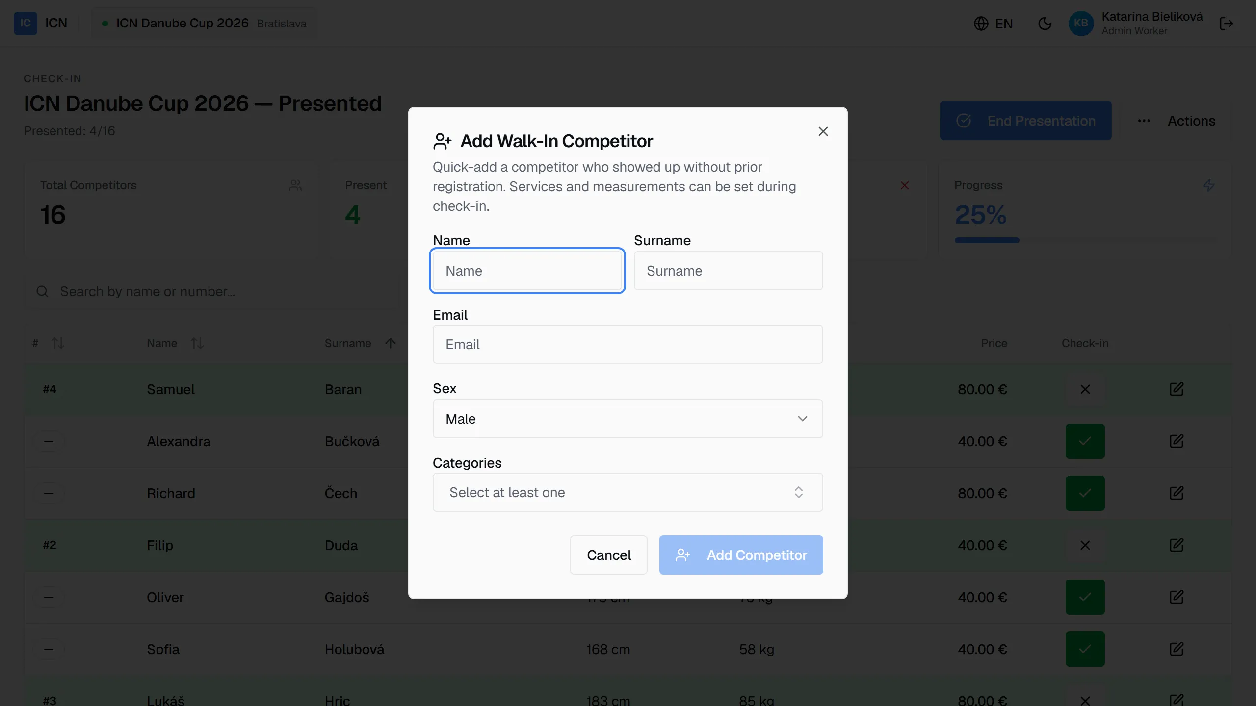 The add walk-in competitor dialog with name, e-mail, sex, and category fields