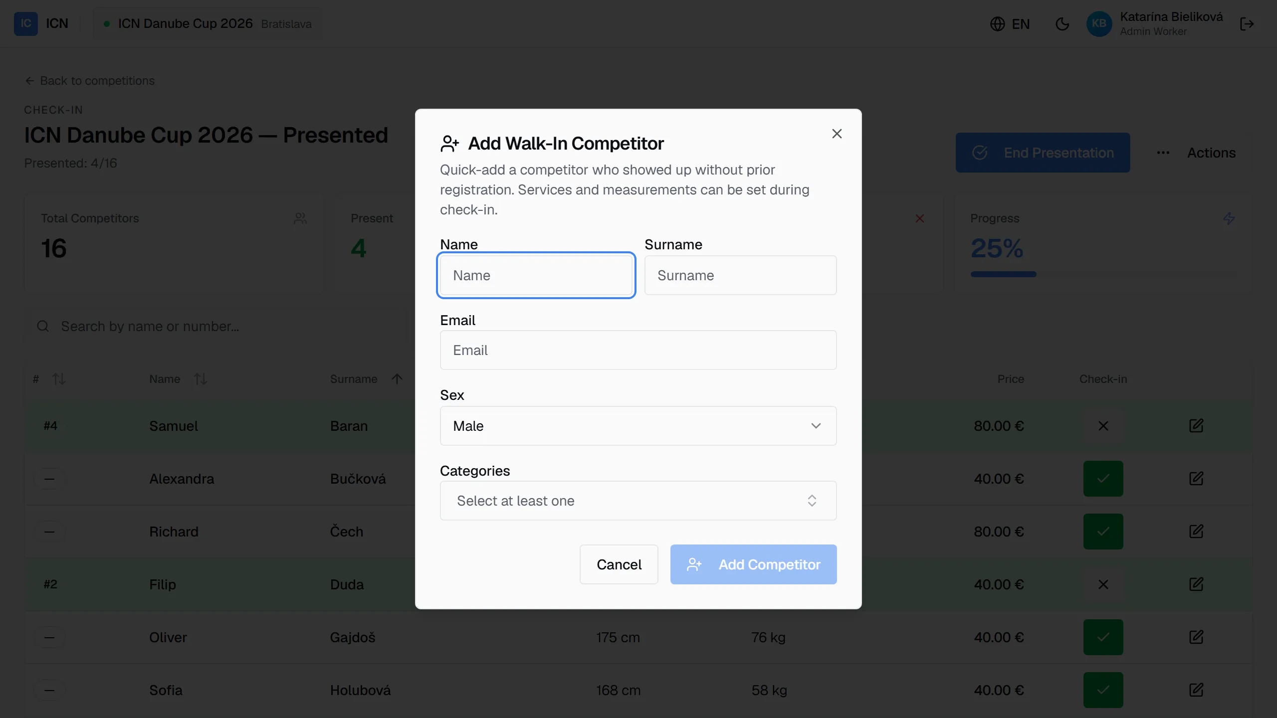 The add walk-in competitor dialog with name, e-mail, sex, and category fields